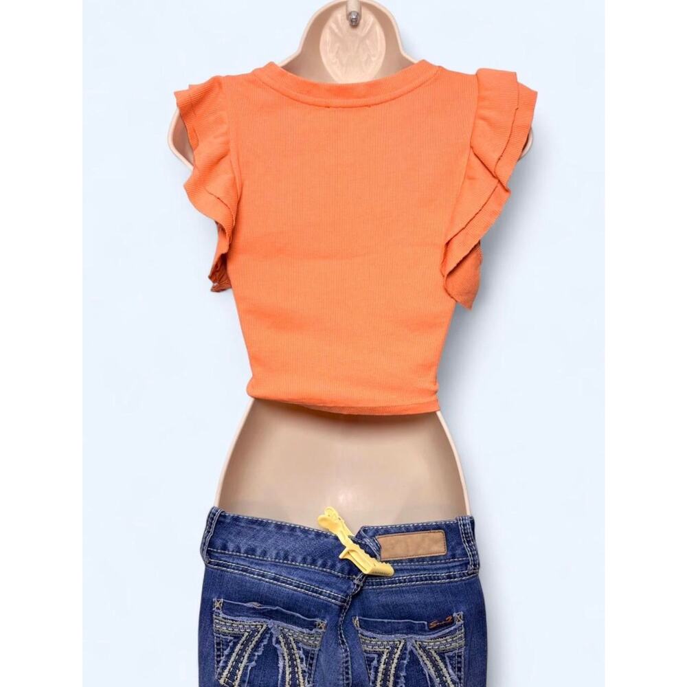 Orange Ruffle Cap Sleeve Fairycore Ribbed Knit Crop Top - Picture 3 of 4